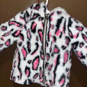 Kids Fuzzy Leopard Print Jacket - Pink and Black